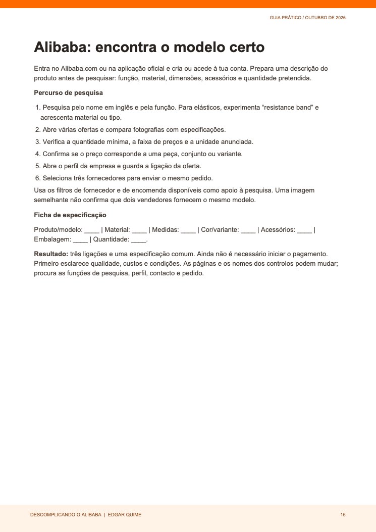 Página do e-book com passos de pesquisa no Alibaba